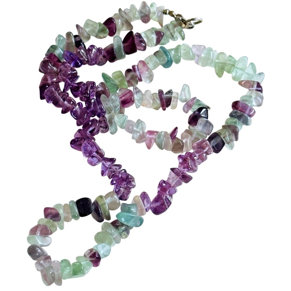 VTG Rainbow Fluorite Necklace natural beads BOHO Single Strand Beaded collar 22"